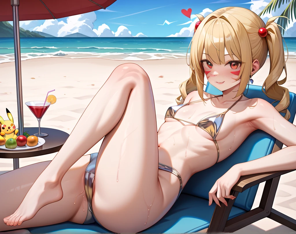 Wavy blonde、red eyes、Beautiful girl alone、Bikini with ruffles、gravure、sitting on、the beach