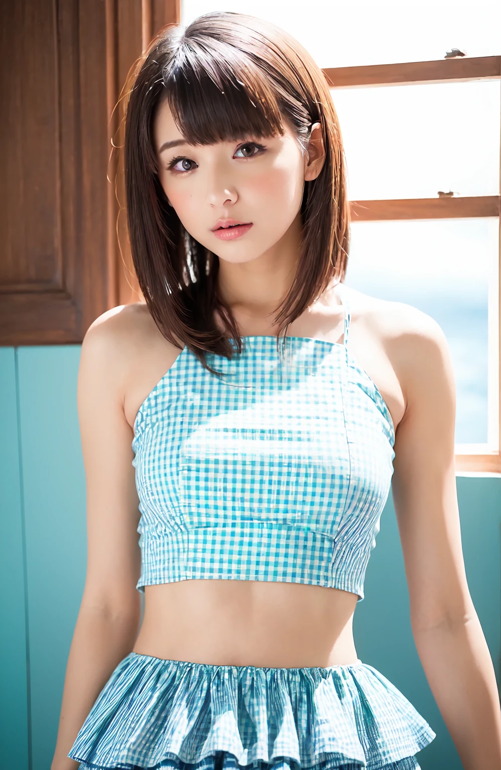 Zaid G, 1 girl, fine skin, looking at the viewer, brown eyes, (short hair with bangs:1.2), (big breasts 1.9), (areola of small degree,:0.8), (realistic:1.4), (highest quality:1.0), (ultra high resolution:1.0), 8K, Raw photo, (masterpiece:0.2), (face to face with the children_V1:0.5)、A girl wearing a sleeveless T-shirt with her face printed on it、T-shirt that gets wet and sticks to your body、(T-shirtをめくりへそと下乳をみせている:1.2)、I can see the nipples