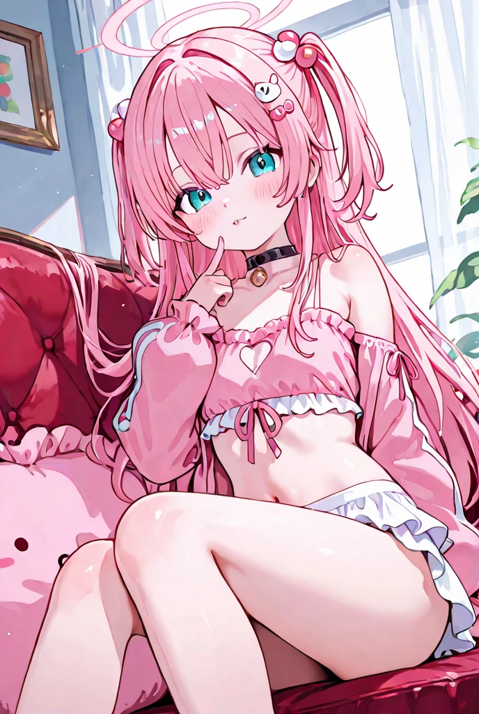 1lady,solo,cool,pink hair and long hair,underwear,satin fabric,barefoot,cleavage,squatting spread leg,in room,on the sofa,from the front