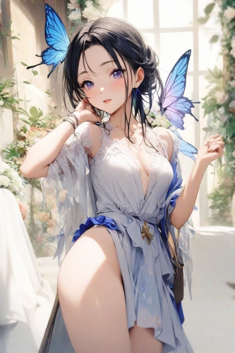 absurdres, (masterpiece, best quality), (ultra-detailed), extremely detailed,super high resolution, (Top Quality photorealistic Illustration), (Super Definition), (best quality,masterpiece:1.0),(cute illustration:1.3), (high Saturation:1.2), highres, ultra-detailed, 32k,8k resolution, intricate details, cinematic scene, detailed background, detailed background, BREAK (show off nipples:1.6),detailed beautiful face and eyes, very detailed background, (an extremely delicate and beautiful), (nice hands, perfect hands), (appropriate posture), (appropriate configuration), ideal ratio body proportions, BREAK (show off nipples:1.6),(dynamic angle:1.6), (close to viewer:1.6), depth background, (crassroom:1.6), rim light, sunlight, beautiful lighting, strong light, widely, ((1girl, solo), kochou shinobu, (round face:1.6), haori ,demon slayer ,butterfly hair ornament, (standing:1.3),butterfly, butterfly hair ornament, (purple eyes:1.1), BREAK , demon slayer uniform, (white fundoshi:1.8), BREAK very cute and beautiful girl,(highly detailed beautiful face), (full-face blush), (shy),open mouth, BREAK(show off nipples:1.6), (exposing bare breasts:1.3), (exposed chest:1.3), (no bra:1.3), (open emon slayer uniform:1.6), (exact number of nipples:1.6), nsfw, BREAK (belly button:1.2), small nipples, small areolas, butterflies, (slim body:1.6), (narrow waist:1.8), narrow thighs, (narrow stomach:1.8),