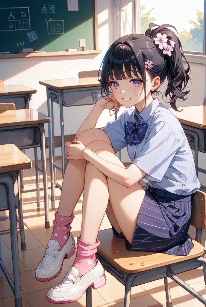 Beautiful girl in short skirt sitting at table,Jirou legs