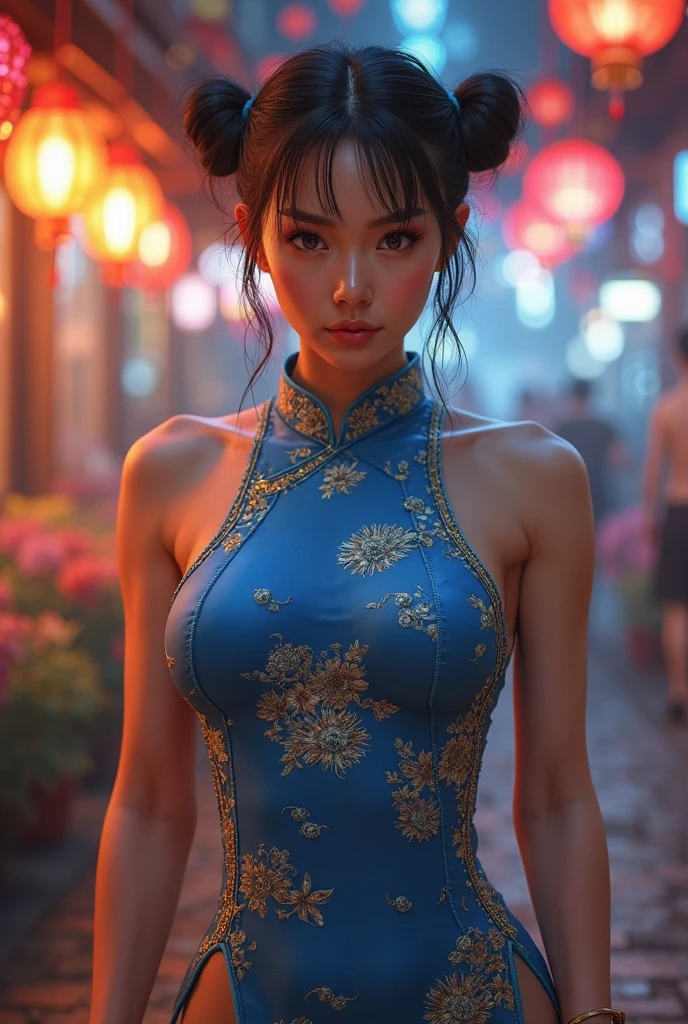 (high res, 8k raw photo, photorealistic:1.4), ultra detailed:1.4, UHD, masterpiece, trending on artstation, portrait, closeup of face and cleavage, (1woman,38yo), pretty, cute face, most beautiful in the world, soft, delicate, (brown hair, middle hair ), attractive breasts,(wearing a necklace and earrings), (wearing a royal blue luxurious cheongsam:1.2), at Hong Kong night street :1.4, examination, (standing and attractive pause ) , (beautiful night view),(she seduces you with sexy pause),(shoot from side)