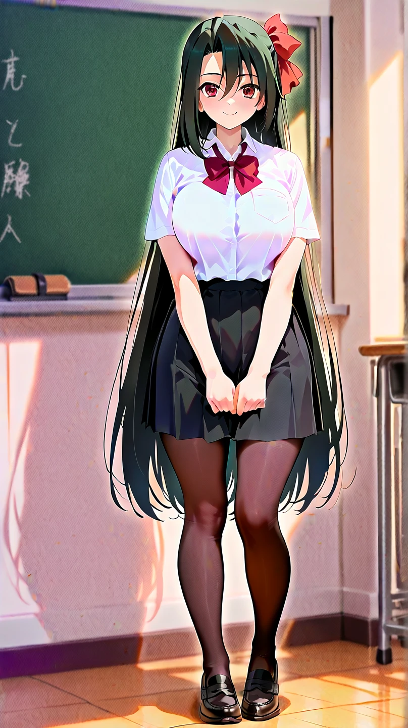 rintohsaka, rin tohsaka kyockcho, aqua eyes, (black hair:1.5), hair ribbon, long hair, ribbon, sidelocks, two side up, (parted bangs:1.5),
BREAK black skirt, black thighhighs, long sleeves, miniskirt, pleated skirt, (red sweater:1.5), skirt, sweater, thighhighs, turtleneck,
BREAK indoors, classroom,school,desk,tables,
BREAK looking at viewer,
BREAK (masterpiece:1.2), best quality, high resolution, unity 8k wallpaper, (illustration:0.8), (beautiful detailed eyes:1.6), extremely detailed face, perfect lighting, extremely detailed CG, (perfect hands, perfect anatomy),standing, from behind,back view photo,full body,long legs,skinny fit, shows panties,upskirt,sexy panties,lace panties, bend over,shows ass,pantyhose.