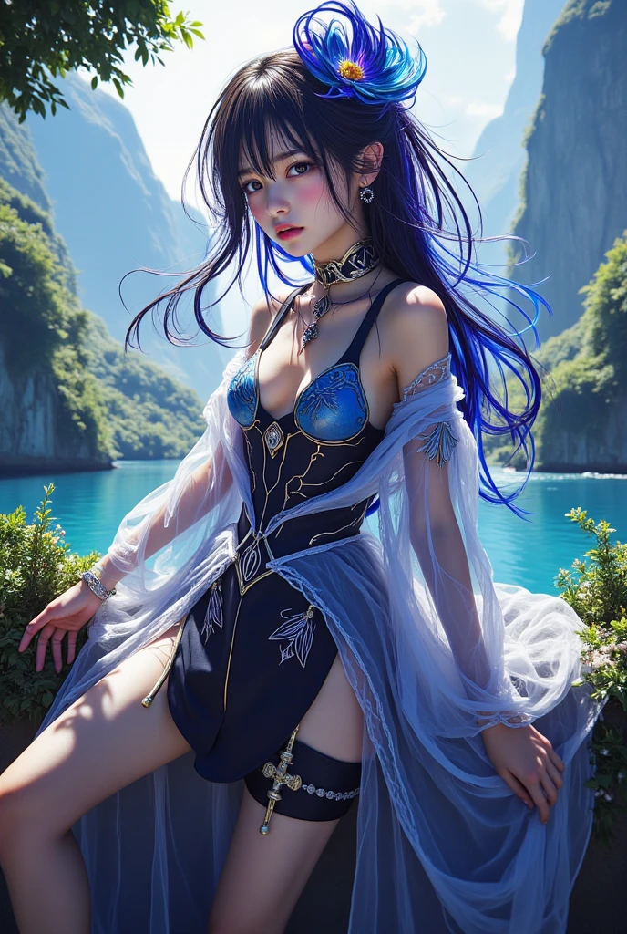 (Masterpiece, Best Quality, Ultra Detailed, 8K, Detailed Light, (Detailed Skin), 1 Sexy Girl, Tifa, Face, 18 years old, Brunette hair, Long hair, Black eyes, Eye reflex, Eyes with feelings, Detailed Eyes, Solo, Extremely Tender Skin, Hydrated Skin, Skin Reflection Light, Ice Magic, Snow Magic, Updraft), Highres, watercolor_medium, Silhouette, Very Long Hair, blue hair,swimsuit,cross-laced_footwear,flower ribbon,big breast,ojousama,yaoi,crying with eyes open,no_nose,walk,w ,legs_up,arched_back,Bare shoulders,chair,butterfly,dusk, golden hour lighting,beautiful detailed eyes