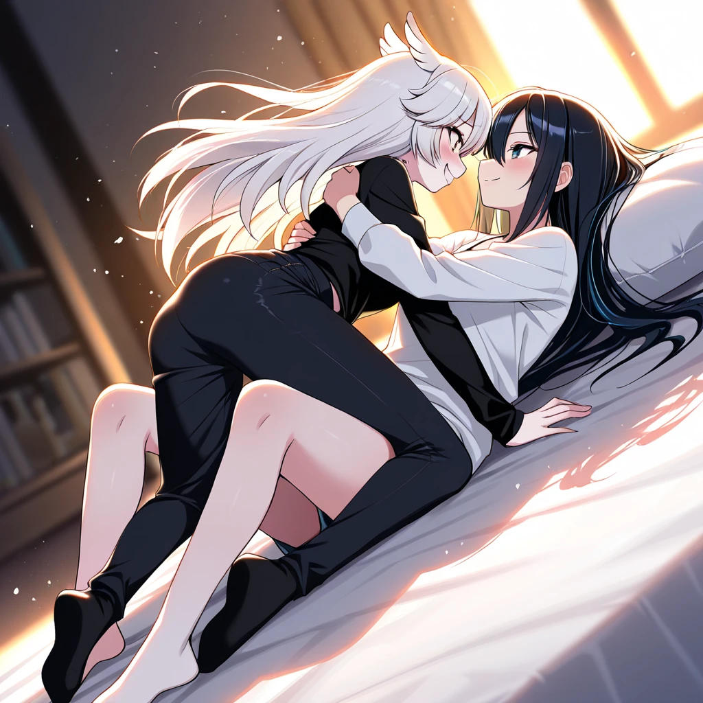 realisticlying，2girls，White hair，Purple eye，glowing light eyes，Cut the top，a skirt，parted lip，Be red in the face，the night，fresh flowers，suns，rays of sunshine，The two girls kissed each other，One girl pressed the other girl to the bed，Look at each other affectionately