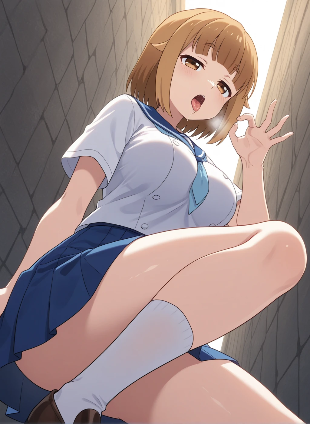 Smooth anime CG art、Focus Only、1 girl、Front view、(((full nude)))、(((nude)))、naked、(((Small breasts)))、(((brown eyes)))、(((sweat)))、Semi-short hair、(((Sweaty)))、Watery eye、blush、(((Embarrassed look)))、((Open your mouth))、(((sitting)))、(((simple background)))、spread your legs、(((fullbody shot)))、(((electricity:1.4)))、(((wariza)))