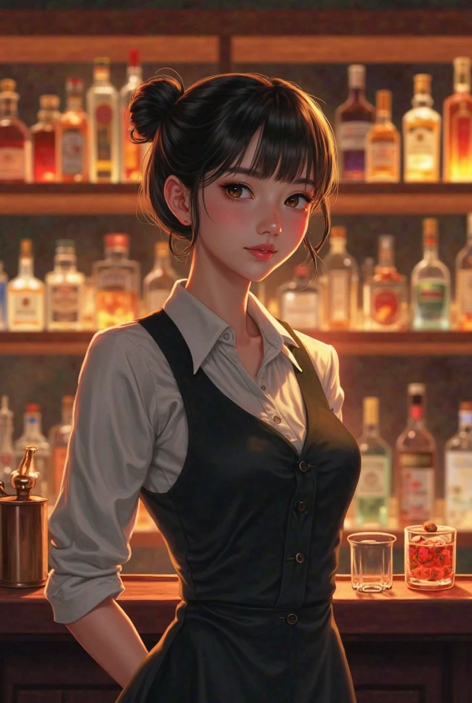 Best Quality, masutepiece, beautiful mature women、Beautiful face、Strong-minded woman、Officelady、brown haired、(Brown-eyed)、Longhaire、Undersized eyes、(((brown long skirt)))、(((nightclubs)))、(((cocktails)))、(((Counter Bar)))
