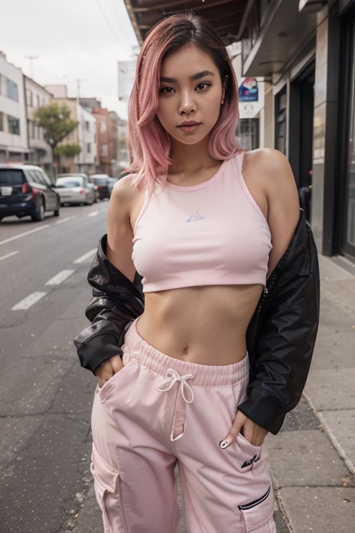 Nina, a 26-year-old South African, stands at 5'10" with a slender yet athletic physique. Her shoulder-length coral-pink hair and piercing gray eyes reflect her bold personality. She is in skatepark. Nina wears a tight black and pink BMX outfit. The vibrant graffiti-covered walls and ramps of the skatepark.