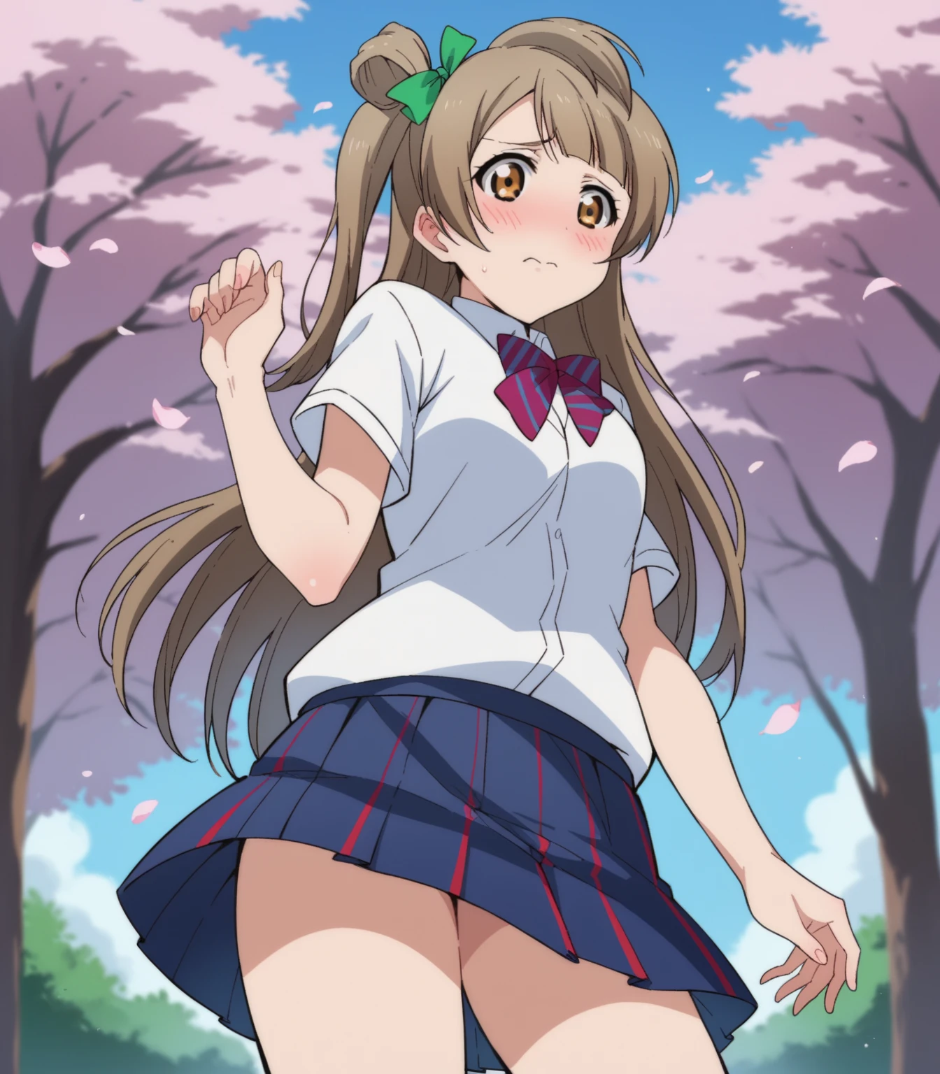 (high quality), (Masterpiece), (Very detailed), girl, (very small bust), short brown hair, purple eyes, shy face, ( de primary), showing her thighs, in the school yard, sunny, camera angle from below, adorable eyes, (primary school uniform) NSFW