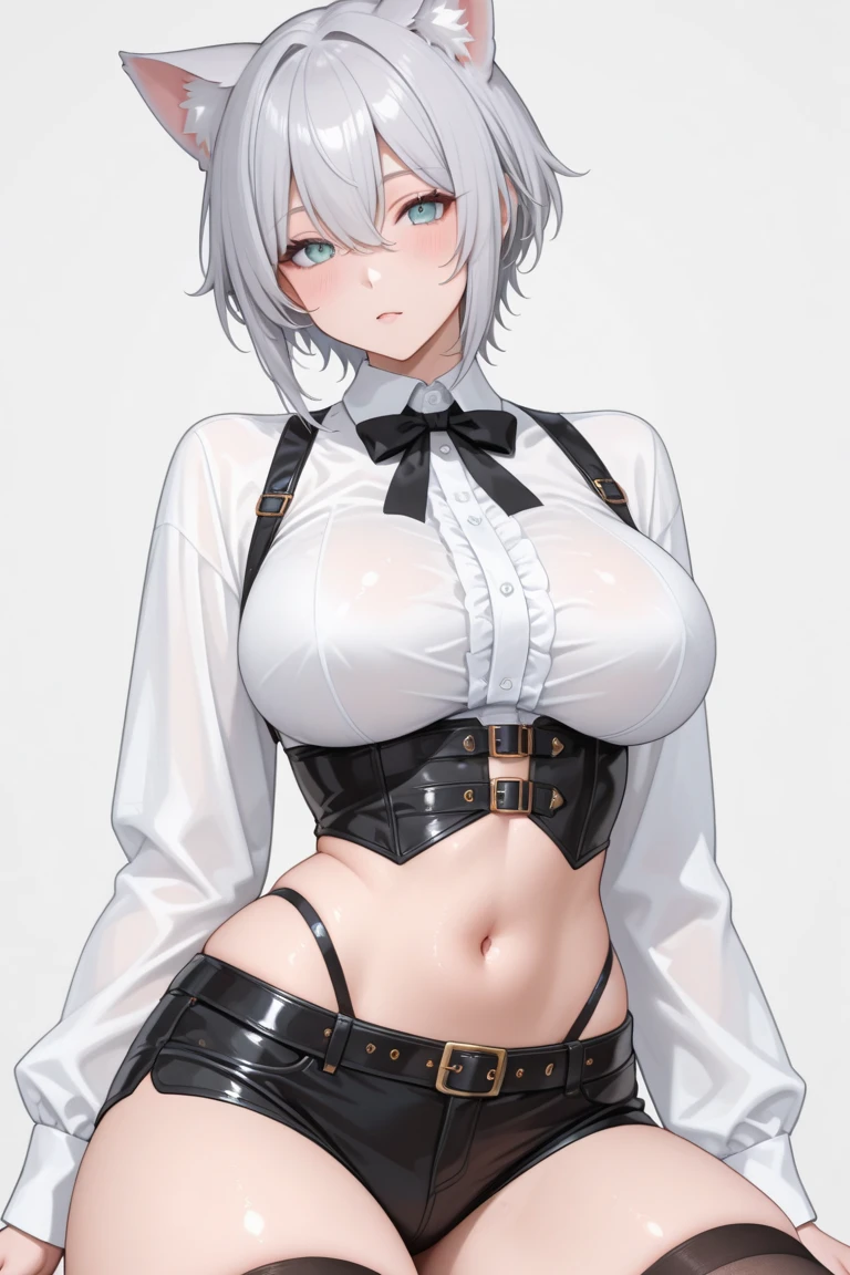 Adult woman, short white hair, high ponytail, blue eye color, White luxury jacket, pants, open breasts, blue lipstick, ssmile, Masterpiece, hiquality