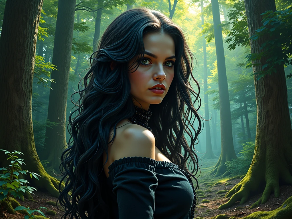 woman with messy dark hair and white clothes in the forest