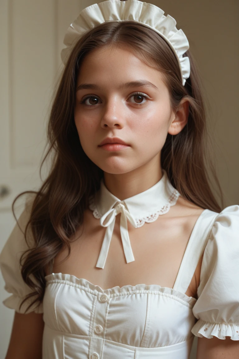 (a closeup of a beautiful 15-year-old girl on a 19th century street in a vintage dress)
