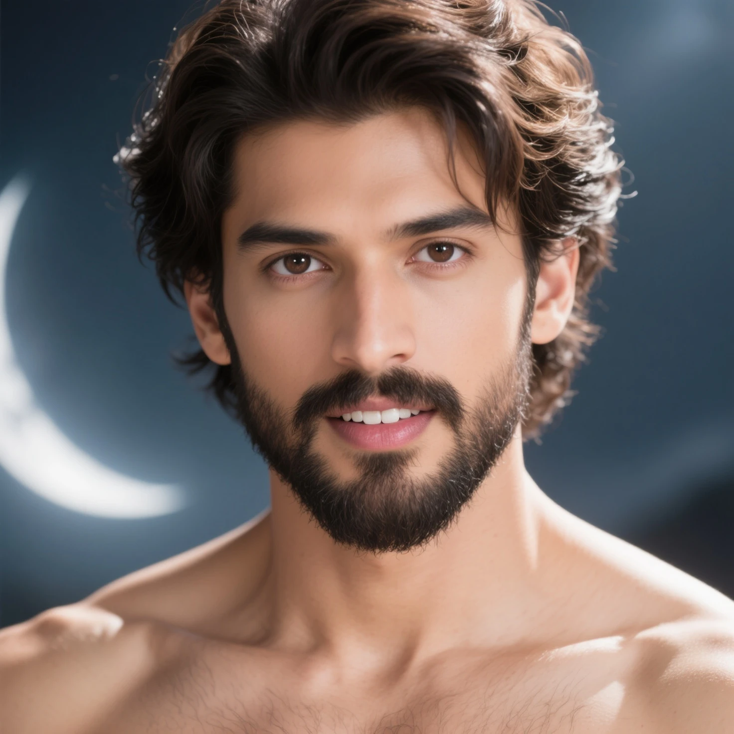 Hombre guapo de 25 años. Ojos azules. Pelo rubio oscuro. Cuerpo en forma. Topless. Standing in the dark and surrounded by many fireflies that light up his face. Fotorrealista, hiperdetallado, high quality, 8k