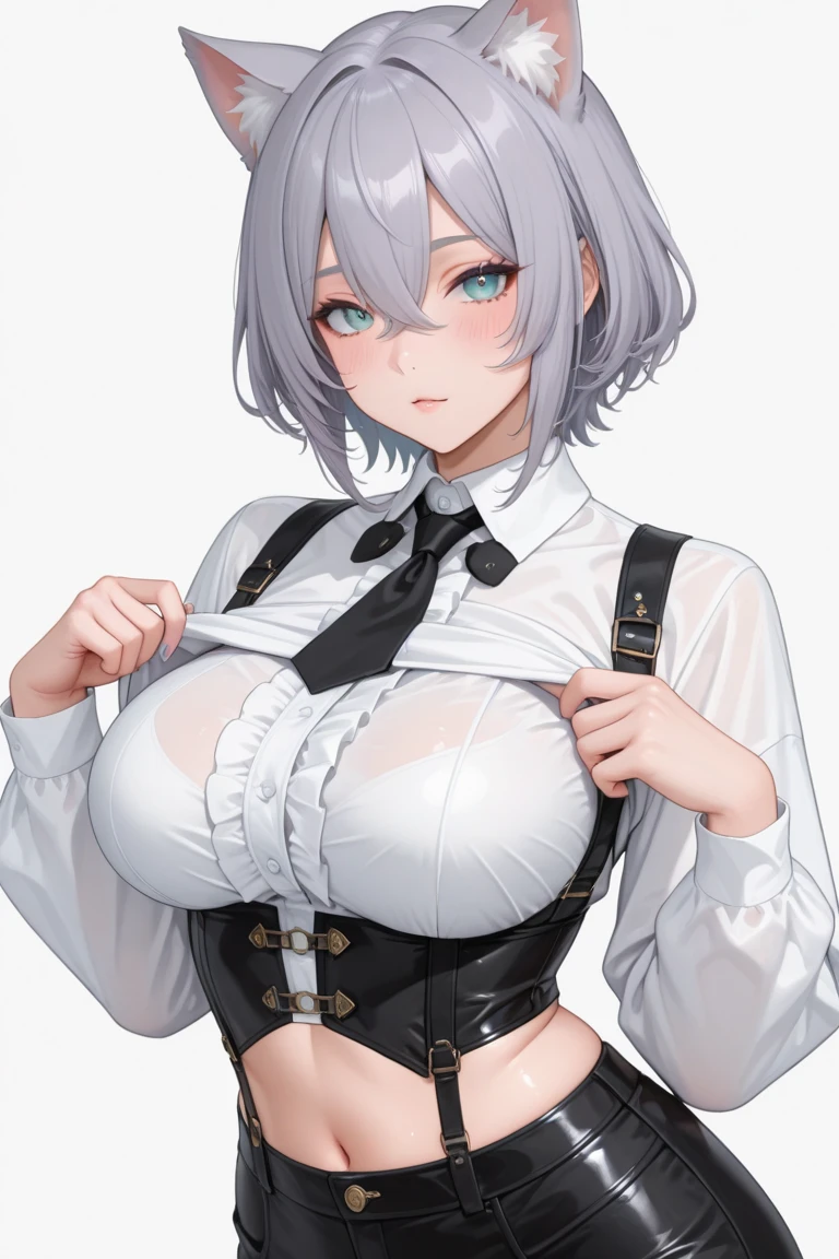 masterpiece, best quality, 1girl,, solo, talulah_arknights, horns, grey_hair, hair_intakes, bangs, upper_body,ascot,blush,(underboob), black_ascot, hair_between_eyes,large breasts, short_hair, grey_eyes, black_dress, long_sleeves, frills, , standing,
, looking_at_viewer, standing,,(simple background,white background), ,<lora:talulah_arknights:0.8:1,1,1,1,1,0,0,0,1,1,1,1,1,1,1,0,0> ,cinematic lighting, , Fujicolor, stereogram, anime, 8k, , high details