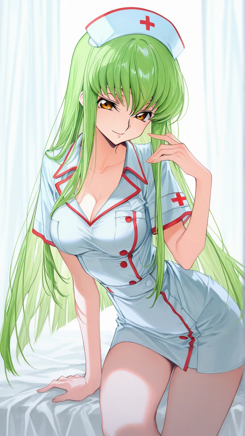 CC_Code Geass, Hair between the eyes, Green Hair, Very long hair, White suit, White gloves, Bedroom, window, Highest quality, masterpiece, smile, anime, Unzip、Undressing、clavicle、stare、Cleavage、Enchanting、White bra、Zipper Pull Tab、