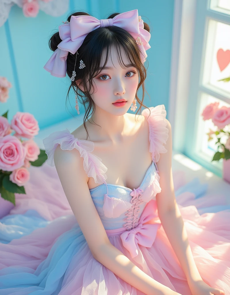 Cute, Full screen size, Bright eyes, Realistic style, Fresh tones, Pink accents, Fairy tale feeling, (1girl), Sequins, Round little face, Cute expression, Big blue-green eyes, Blue bow tied in hair, Pale pink court clothes, Butterfly, Conch, Garland in front of eyes, Fluttering, Brings a dreamy atmosphere)
