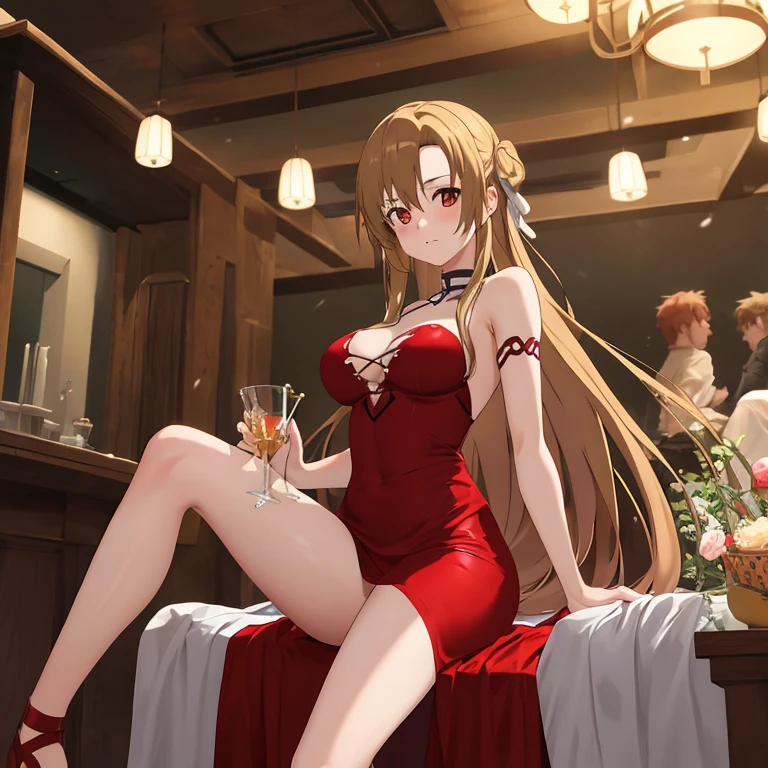 score_9,score_8_up,score_7_up,18 year old,1girl,asuna \(sao-alo\), sword art online,yuuki asuna,solo, brown eyes, brown hair, long hair, bangs, braid,sitting, holding cup,seductive-smile,blush,large breasts,brown hair,parted hair,long hair,red dress,halter dress,plunging neckline,center opening,cleavage,navel,earrings,bracelet,restaurant,