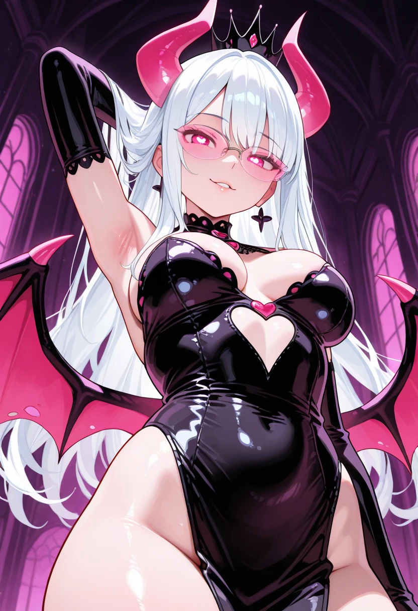 1 mature beautiful woman,(Highest quality,Extremely detailed depiction,Incredibly absurd high resolution,Anatomically accurate depiction,Curvy Legs,Vertically drawn pupils),(Glowing Skin,Shiny skin),(Bewitching succubus),(Very strong glossy latex,corset),eyelash,Sweat,(Glowing pink eyes,Crazy Eyes,There is cleavage in the chest,Wicked Smile,Glossy lipstick,Flashy makeup,Seductive gestures,Half-closed eyes:1.5),Luxury accessories,earrings,necklace,whole body,