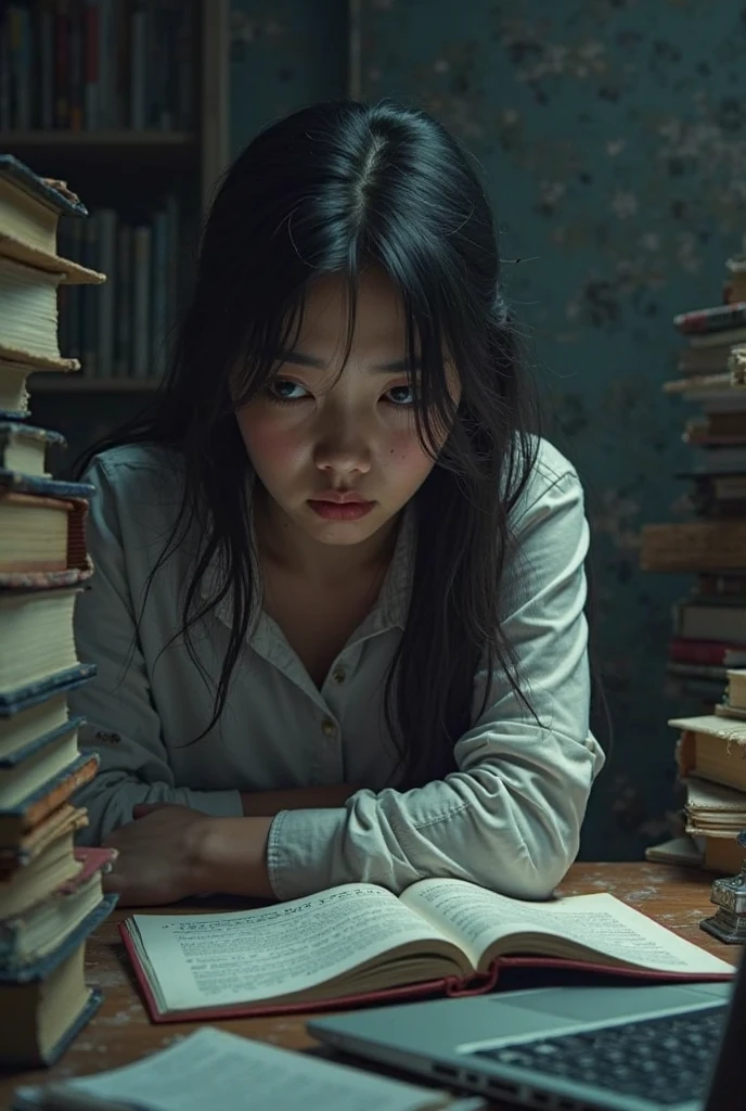 Make a woman in a dark magical library, she being exhausted from reading so many books