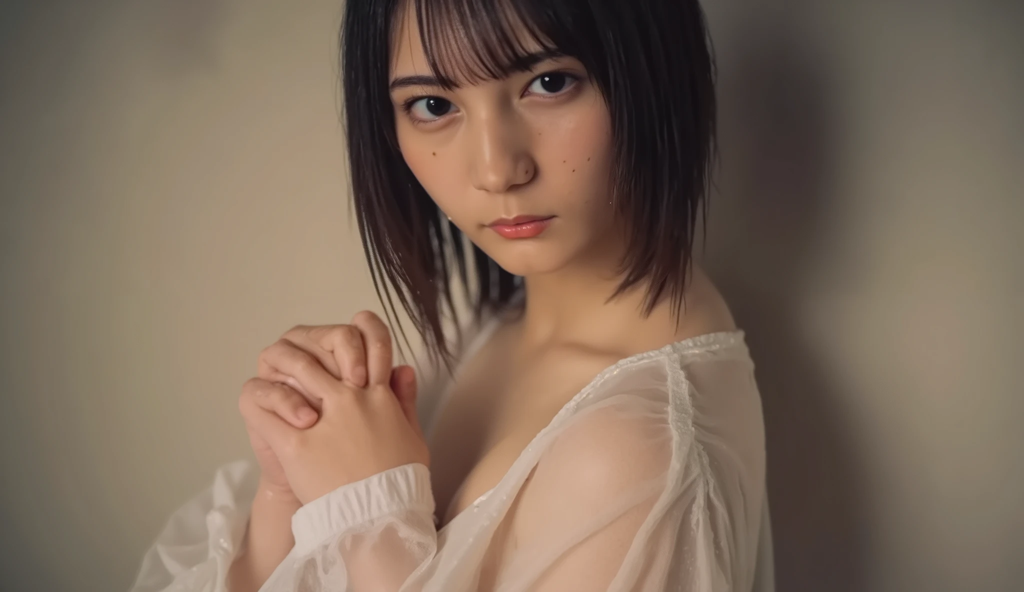masterpiece, Best Quality, 8K, 20 yo, Large breast, cuddly, Solo, sad, Cute, Girly, Delicate girl, Neat and clean beauty,  Raw photo, Professional Photography, Portrait, Soft light, Professional Lighting, Back lighting, Upper body, Looking away, Sophisticated, Film grain, (Eyes and faces with detailed:1.0), short length floating hair, beautiful flowing hair, bangs, Silk Color Blouse