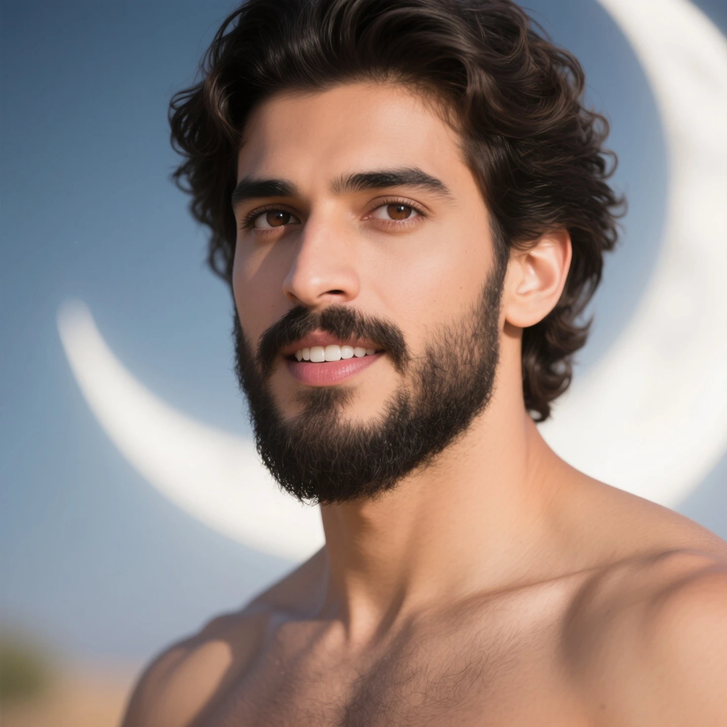 obra de arte. retrato de hombre guapo con pelo rubio oscuro. vestido con (pantalones cortos) y topless. de noche con luna llena.de pie en una roca sobre unas bonitas vistas. fotorealista, hiperdetallado,high quality,8k