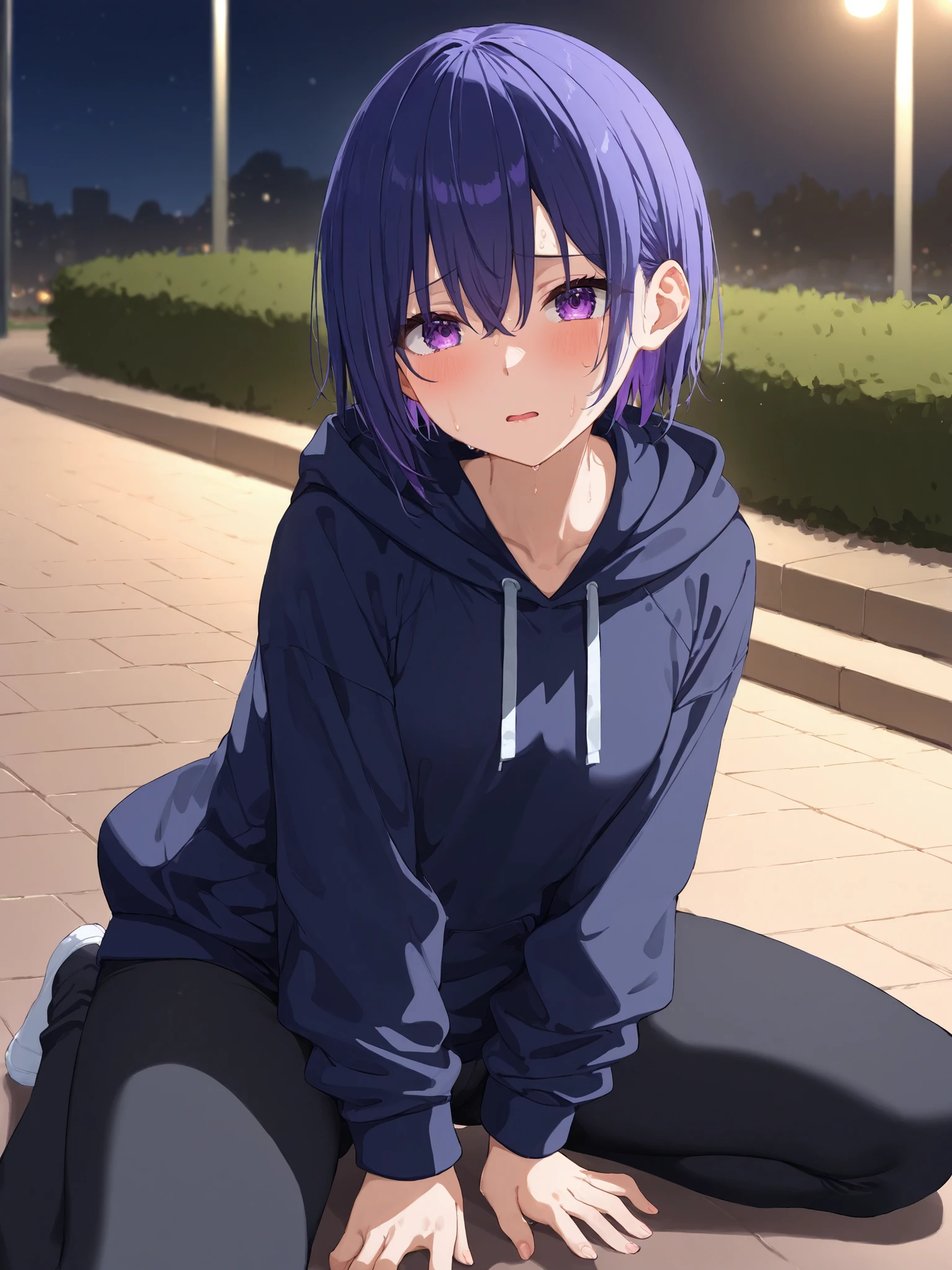 masterpiece, Highest Quality, complicated details, high resolution,
1 man,
mash short hair, dark blue hair, purple eyes,
Little breast, huge hips,
Black Hoodie, jersey pants,
park bench, night, painful face, blush, Erected Crotch,
Long hair, crouching, crotch on the floor,
sweat drops, oiled skin, her skin glistens with sweat, sweat beats on her face,