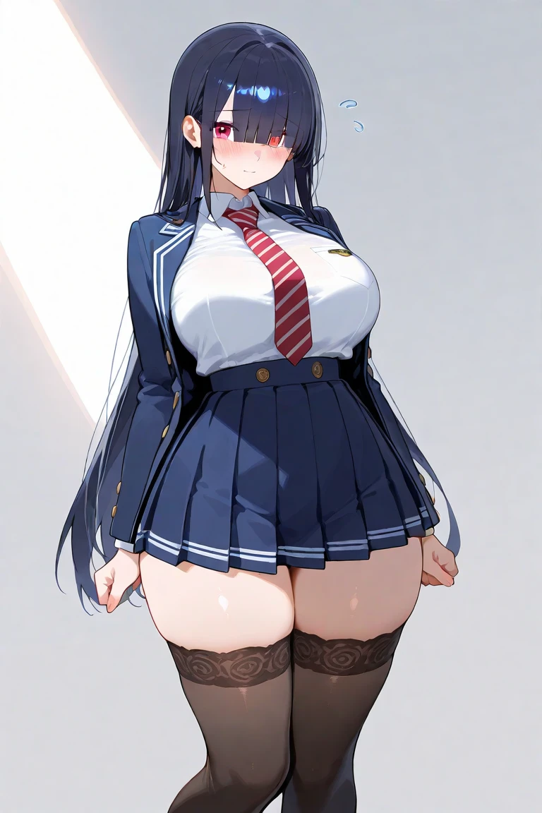 One Girl,{Knee-high socks}、(((Wide Hips)))、 (((Thick thighs)))、((Big Ass))、(Big Breasts) Embarrassed look,shortstack、whole body、Sexy pose。Blue tie、Black Shirt、Off the shoulder、Black jacket、Open jacket、Long sleeve、Black Skirt、Pleated skirt、Black Pantyhose