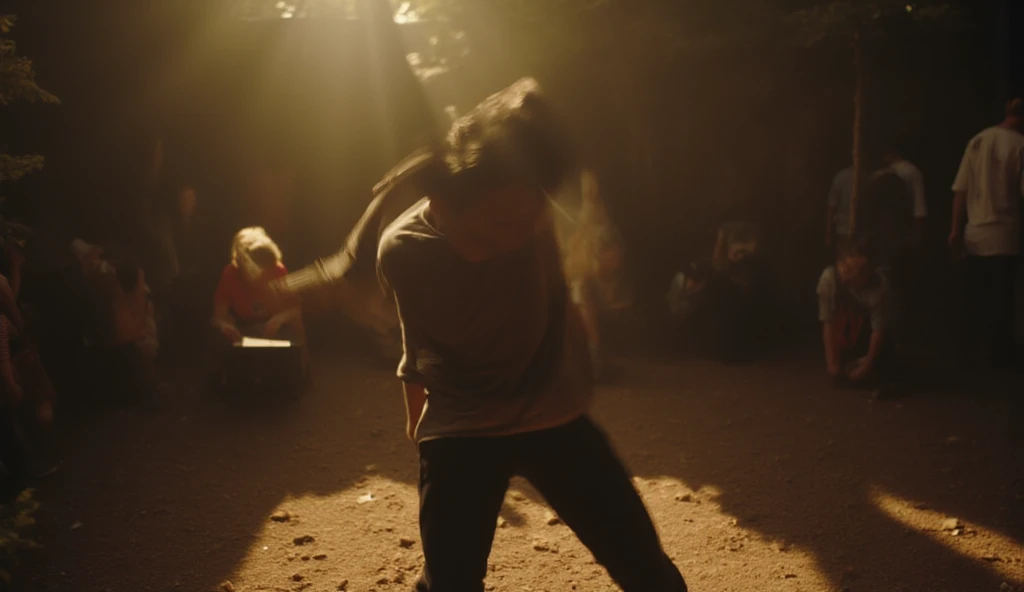 A man attacks a woman with a sperm for a weapon as if giving a thrust and the attacked woman on the ground covers herself with a sperm as an excuse in the shadow of a large and old tree
