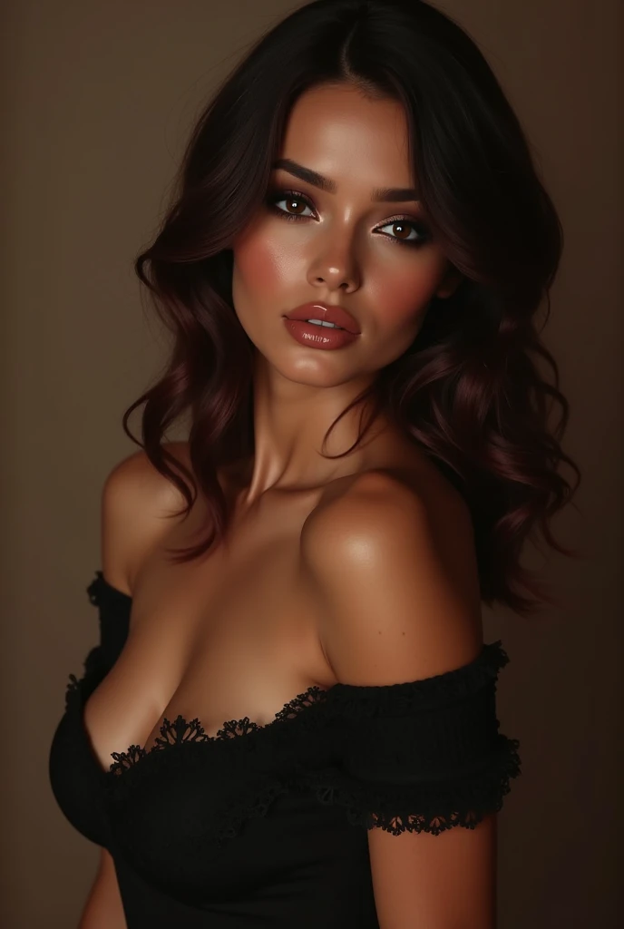 Brunette curly hair medium long nails big boobs wide legs full lips brown eyes beautiful waist