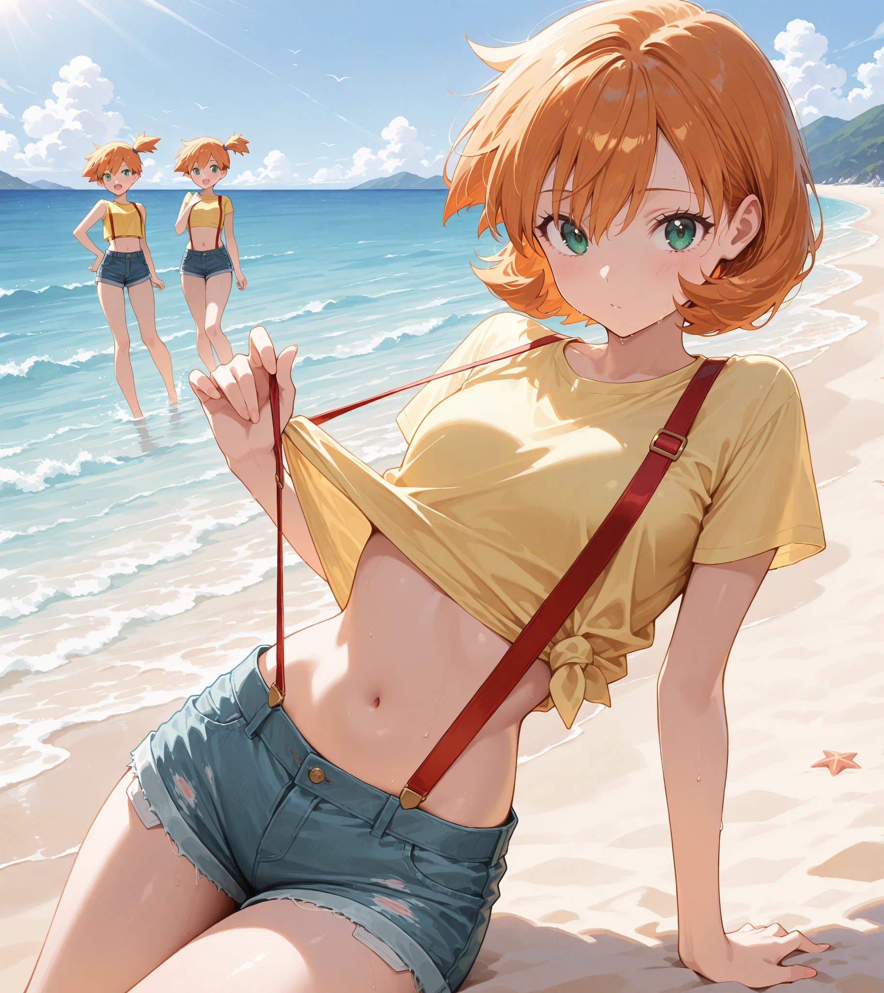 three sexy bubbly and cheerful women, short, vibrant orange hair with highlights of pink, flirtatious smile, looking at camera, view from below