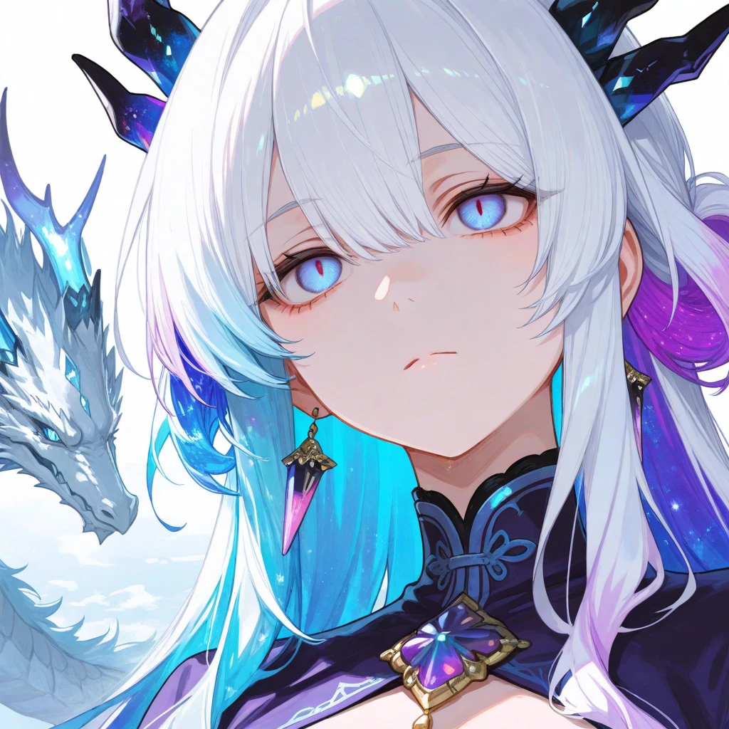 Silver haired anime woman, tired face, gentle smile, blue dragon-like eyes with scales, crescent moon pendant, white church robes
