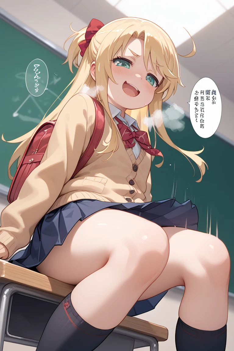 1girl, solo, long hair, looking at viewer, blush, open mouth, bangs, skirt, blonde hair, simple background, thighhighs, long sleeves, white background, underwear, green eyes, censored, necktie, black thighhighs, clothes lift, bar censor, skirt lift, squatting, lifted by self, ?, panty pull, tiptoes