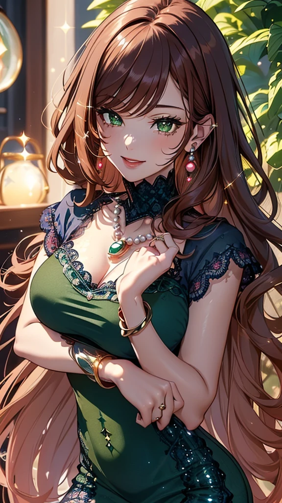 (masterpiece), (best quality), ultra high res, sharp focus, ((1 woman, solo)), warm pastel tone), upper body, medium long shot, MLS, beautiful detailed hair, chesnut brown hair, long hair tumbles down, ((beautiful shape eyes, green eyes)), beautiful detailed face, perfect feminine face, smiles, look at the viewer, colorful comfy outfit, (bare shoulders), in the comfortable bedroom, sitting on the bed, (at the night time:1.2)