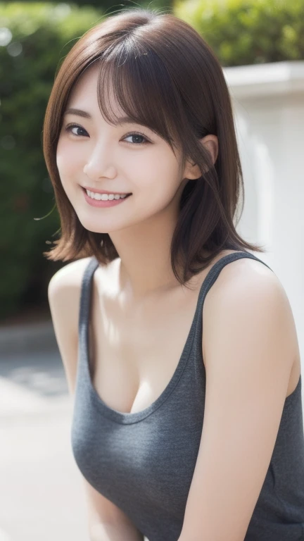 masterpiece, Highest quality:1.1), (8k, RAW Photos, Realistic:1.2, f22), (Glowing Skin), Detailed skin,Long Hair,Detailed face, Detailed eyes, smilee, Real World, Intricate details, smile, One person,mini skirt, Cleavage,from the front ,Adorable 、Full body angle、Boyish ultra-short hair、Sweep your hair back、50-year-old woman