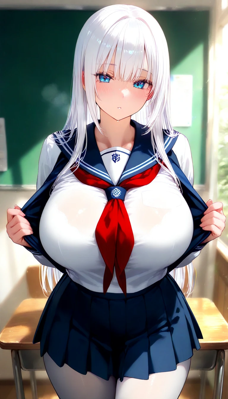((nsfw, masterpiece, best quality)), ((super high resolution)), (photo realistic), best shadow, (sharp sketch, illustration:1.2), high detail, very detailed, (nice hands, perfect hands), (POV, face focus:1.4), ((1girl and 1 boy)), beautiful girl, 24 years old, blue eyes, (straight long silver hair:1.5), (normal breasts:1.2), glossy skin, ((view from front:1.5)), (very slender:1.3), (beautiful adolt face:1.3), famous idol, thin lips, detailed facial features, facial and skin texture, Crisp focus, perfect beautiful body and face, pink small nipple, beautiful face, perfectly in focus, long bangs, underhair, (in the bedroom:1.3), all body, (happy:1.5), (sweat:1.5), ((woman on top:1.5)), ((penis)),  ((vaginal)), ((sex:1.5)), (school costume:1.5), (cum in pussy:1.5), (show off nipple:1.3), skirt lift, open mouth, drool