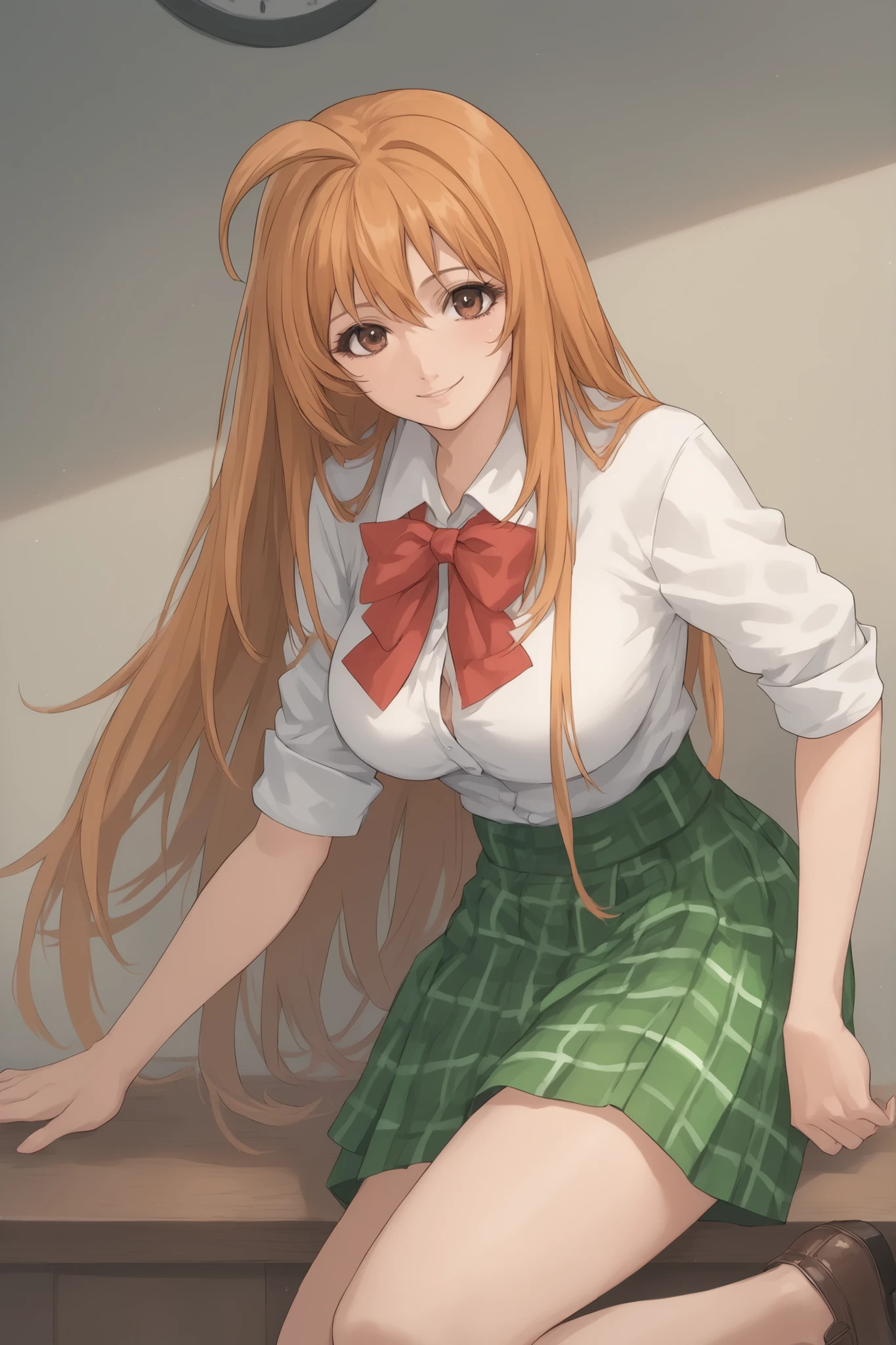 best quality,masterpiece,looking at viewer,absurdres,1girl,score_9,score_8_up,score_7_up,source_anime BREAK natsume aya,orange hair,long hair,brown eyes,ahoge,breasts,white ,skirt,bow,plaid,large breasts, plaid, green plaid skirt, smile