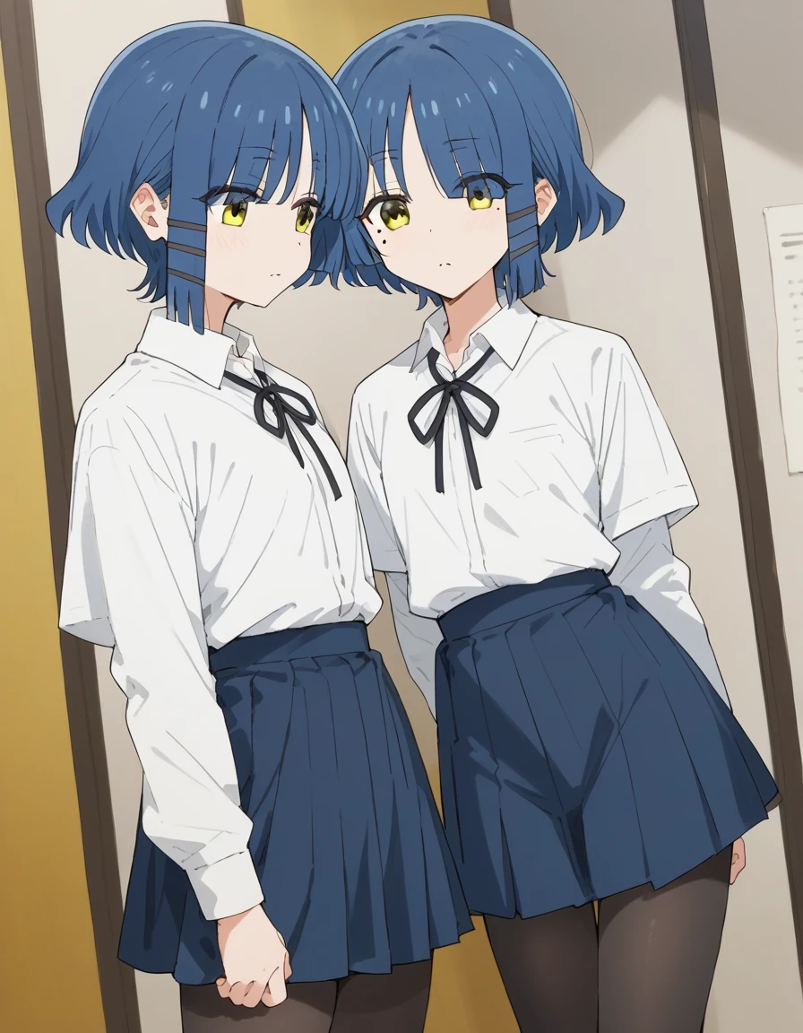 Beautiful lighting, One Girl, solo, Akane, White shirt, (((skirt)))，Sweater vest, Black vest, Blue tie, ((Anime Style))、((2D))、Laughter、Open your mouth、Look forward，((Cotton panties with crotch))，(((skirtめくり, I can see your pants)))，squat，squat，squat，squat，From below，blush，Embarrassing，skirtを持ち上げる