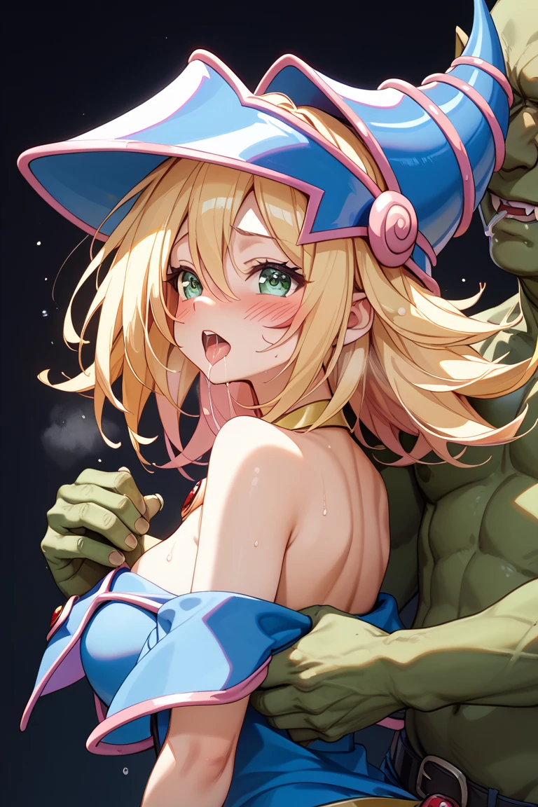 masterpiece, (((goblinriding, a goblin is riding a girl))), goblin, (((all fours))), 1girl, (nose hook), reins, collar, chain, rope, obey, happy trance, smile, hair ornaments, large breast, huge breast, expressionless, emotionless, blank eyes, empty eyes, mind control, NSFW, gold city \(umamusume\), (Uma Musume), horse ears, animal_ears, standing, walking, apocalyptic background, horror, monster, glowing eyes