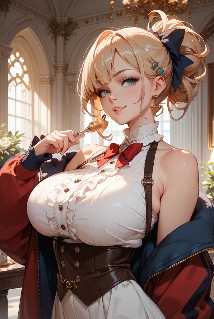 Masterpiece, high quality, 8k, ultra detailed, detailed face, (huge breast), standing, blush, bright eye, indoors, (detail face), jeandef, stand up straight,