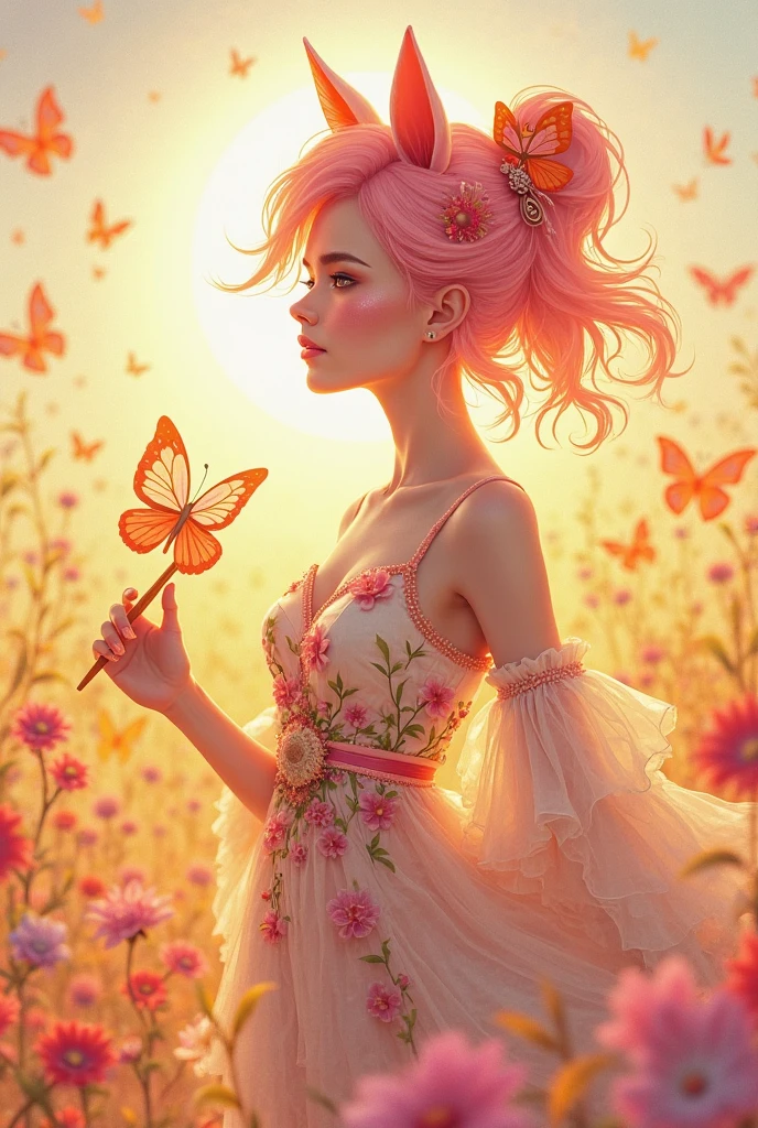 An oil painting of a pink-haired girl in a white wedding dress, adorned with a pink flower crown. She has pale skin and blue eyes and sits on a pink rock.  There are pink, yellow, blue, and purple orchids surrounding her. A blue insect with large wings hovers above her head,  The shadows of the flowers and insects are cast on the rock. There are other insects flying around her in a warm, peaceful atmosphere. Sunlight shines on her skin, making her appear lively. The background is a soft pink color with white, purple, yellow, and green flowers scattered throughout. The painting portrays the beauty of nature and love.