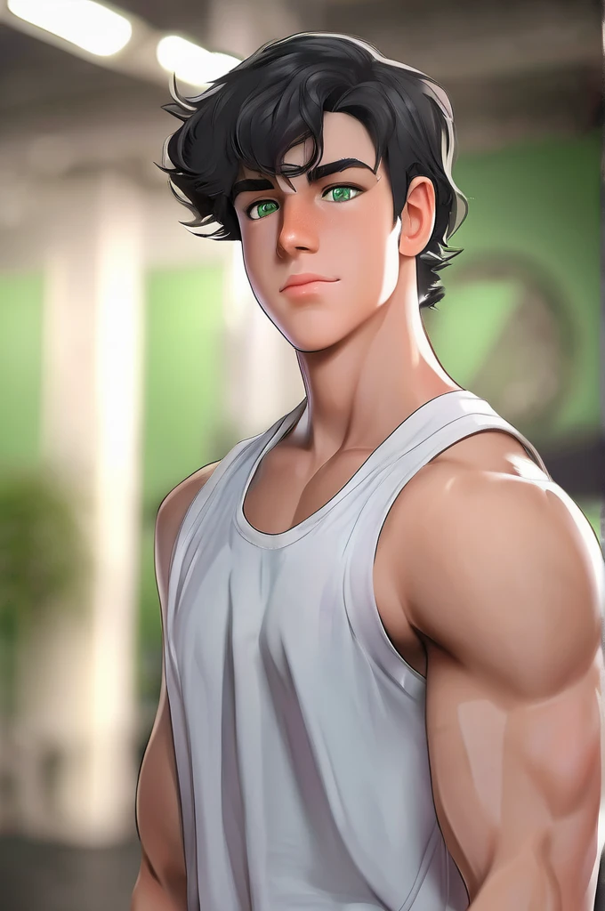 Tan tall boy, slim physique, curly hair, brown eyes, blue shorts, white t shirt, abs, bracelets, necklaces, black and white sneakers, big butt