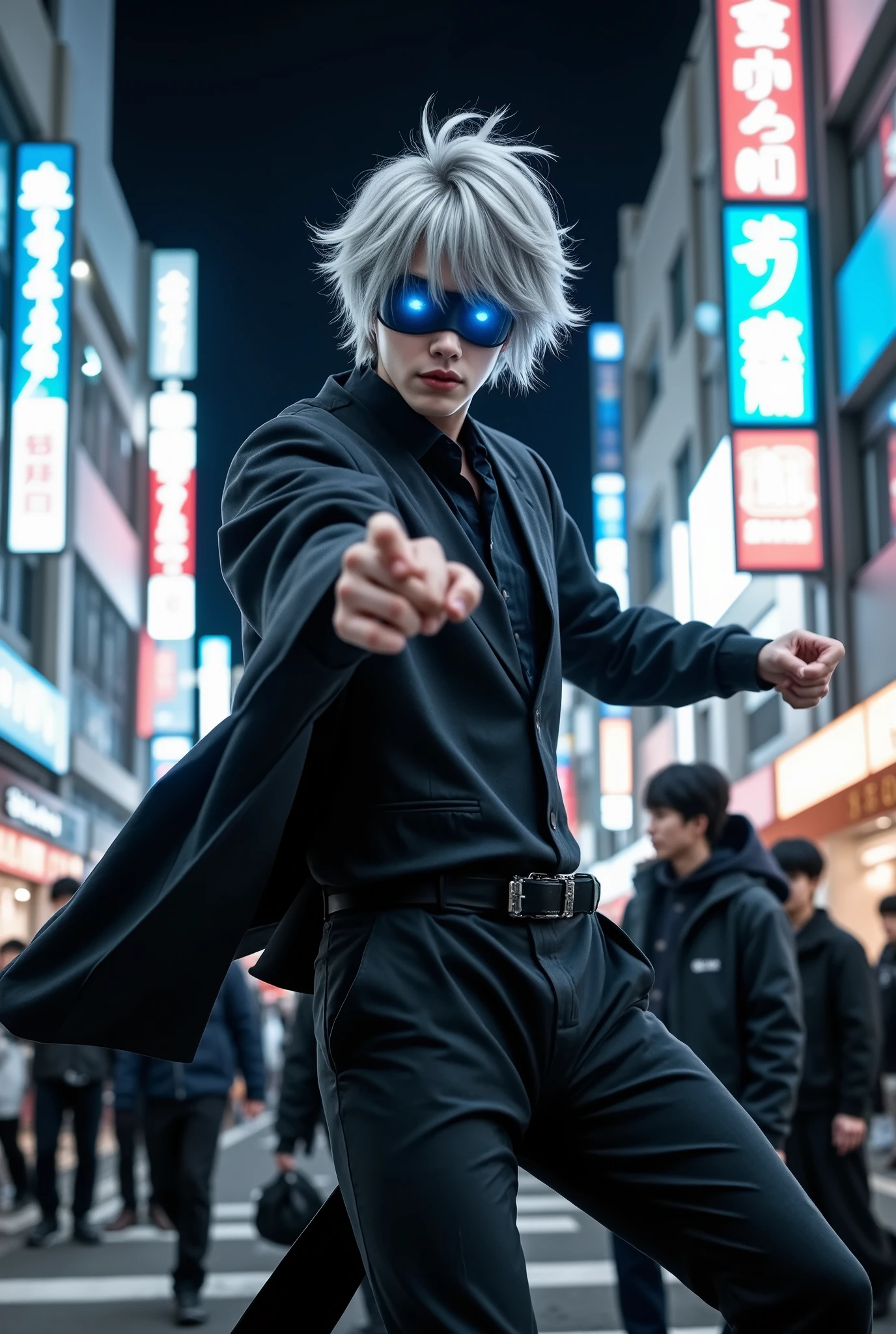 Hyper-realistic cinematic digital image of a young cosplayer in the image of Gojo Satoru from Jujutsu Kaisen posing on the street at night in Tokyo. A young man, tall and slender, in a dynamic pose, wearing his iconic black blindfold and gray wig, a dynamic pose with glowing blue eyes and effects of cursed energy, a detailed costume made of flowing fabric. The bright neon background of a Tokyo street, indifferent passers-by, the crowd, cinematic lighting, clear lines and bright colors, photorealistic style, and an over-detailed 4K image. Fujifilm