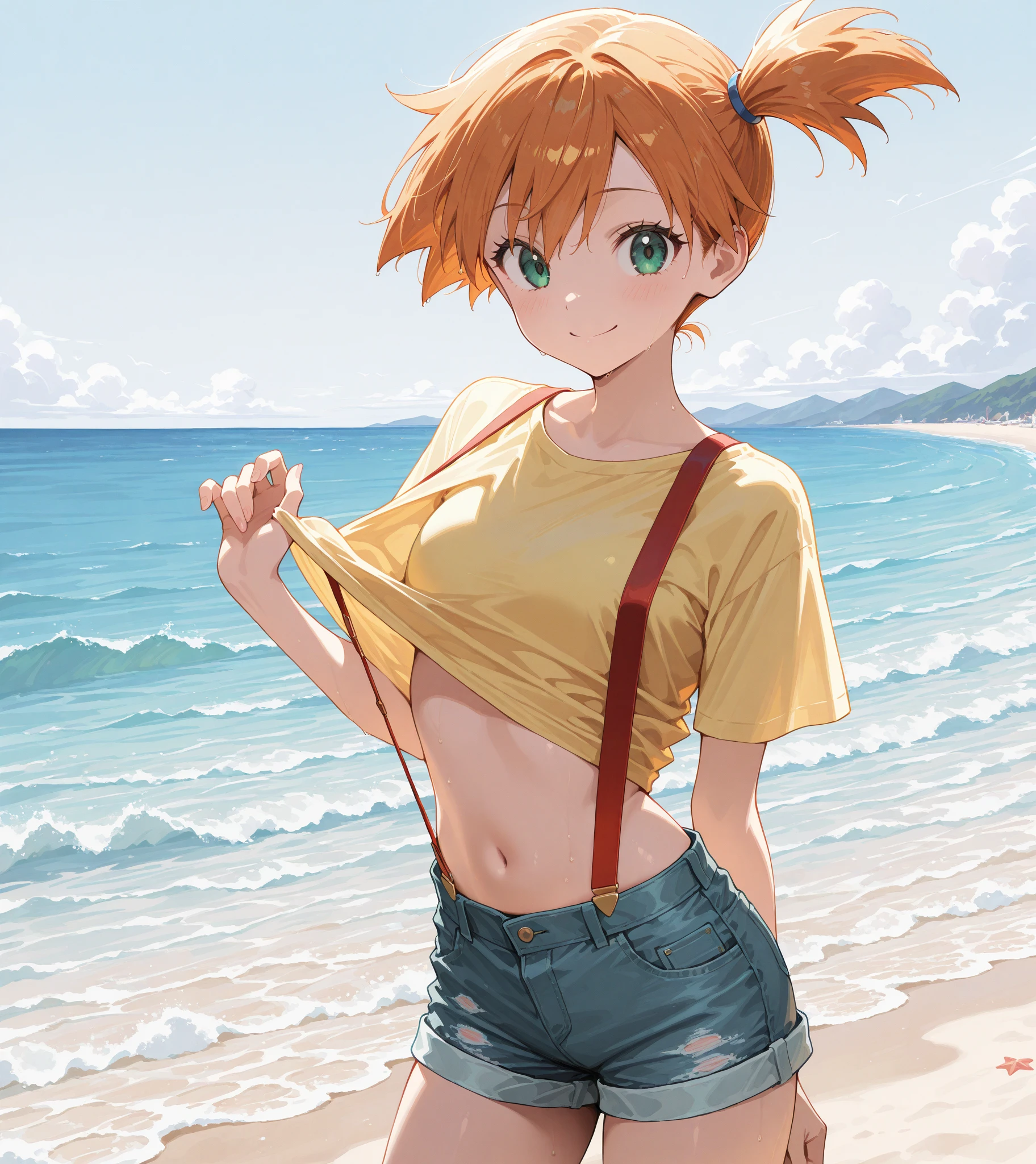 2d, masterpiece, best quality, anime, highly detailed, 1girl, solo, swimsuit , bangs,happy, multicolored hair, (masterpiece:1.2), highres, best quality, 8k, sea background,masterpiece, best quality, highres, bikini, bikini skirt,medium breasts, ocean, wet, beach,yellow hair , blue eyes, close up,cowboy shot,