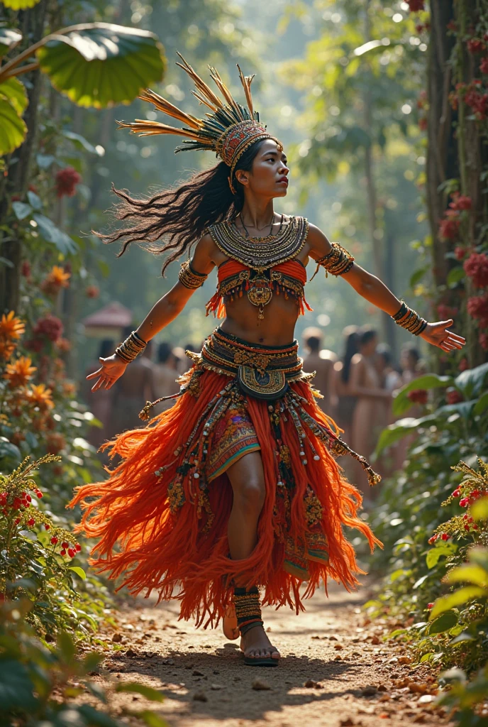 Beutiful indigenous woman doing things (not facing camera) with other indigenous people surrounding her in a Jungle-like environment