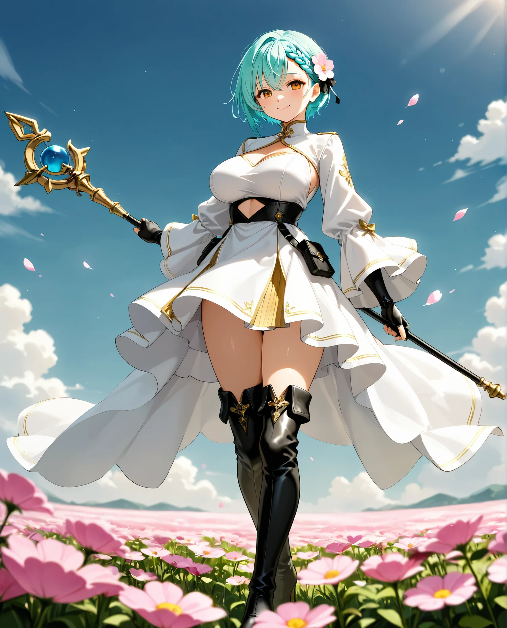 1girl, (solo:1.2), absurdres, aqua hair, short hair, braided bangs hairstyle, orange_eyes, golden_eyeshadow, large breasts, arms_at_sides black_boots black_gloves boots breasts closed_mouth clothing_cutout dress field fingerless_gloves flower flower_field full_body gloves hair_between_eyes high-low_dress high_collar holding holding_staff long_sleeves looking_at_viewer smile staff standing thigh_boots white_dress wide_sleeves
