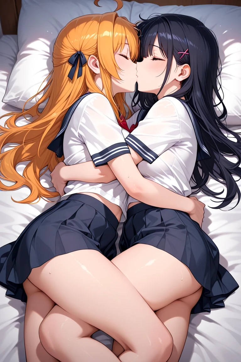(The 8k quality, Highly detailed, masutepiece, Ultra-detailed),2girl with、japanes、a sailor suit、a miniskirt、Breakdown,Sit across from each other,a bed,((Kiss on the cheek))、((Face to face))、embracing each other,Push each other、Moist eyes、Half-open lips、Beautiful、red blush(0.2)、Functional、seductiv、Trance、instigate、Beauty、bustup、dramatic light、、Shoot diagonally down from the front、precise drawing、Detailed drawing、Precise anatomy、dress room、beatiful backgrounds,(NSFW:0.5)
