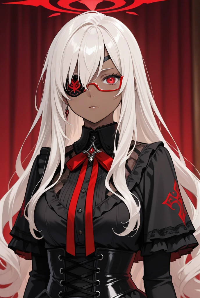 1girl in, adjusting clothes, bad-girl, Black Gloves, cleavage, earrings, Glasses, gloves, Jewelry, Lace, Lace trim, Large breasts, Lips, Long hair, Looking at Viewer, makeup, Parted lips, Red background, Red Eyes, Red lips, Round eyewear, Solo, Sunglasses, tinted eyewear, Upper body, White hair