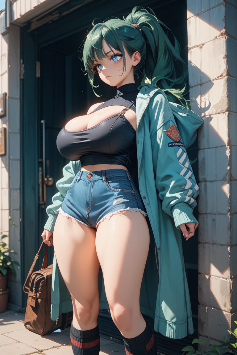Masterpiece, best quality, 1girl, solo, 23 years old, adult, teal and green hair, messy hair, asymmetrical hair, very short hair, aqua eyes, medium breasts, toned, 167cm, pale skin, glasses, grin, olive green shirt, jeans, midriff peek, charley.atwell