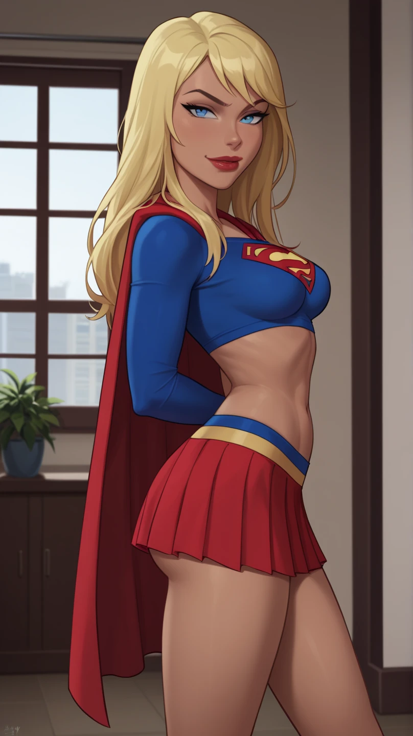 sexy Supergirl long blonde hair and blue eyes, black hairband, white croptop, short sleeves, red cape, blue pencil skirt, red boots, white gloves