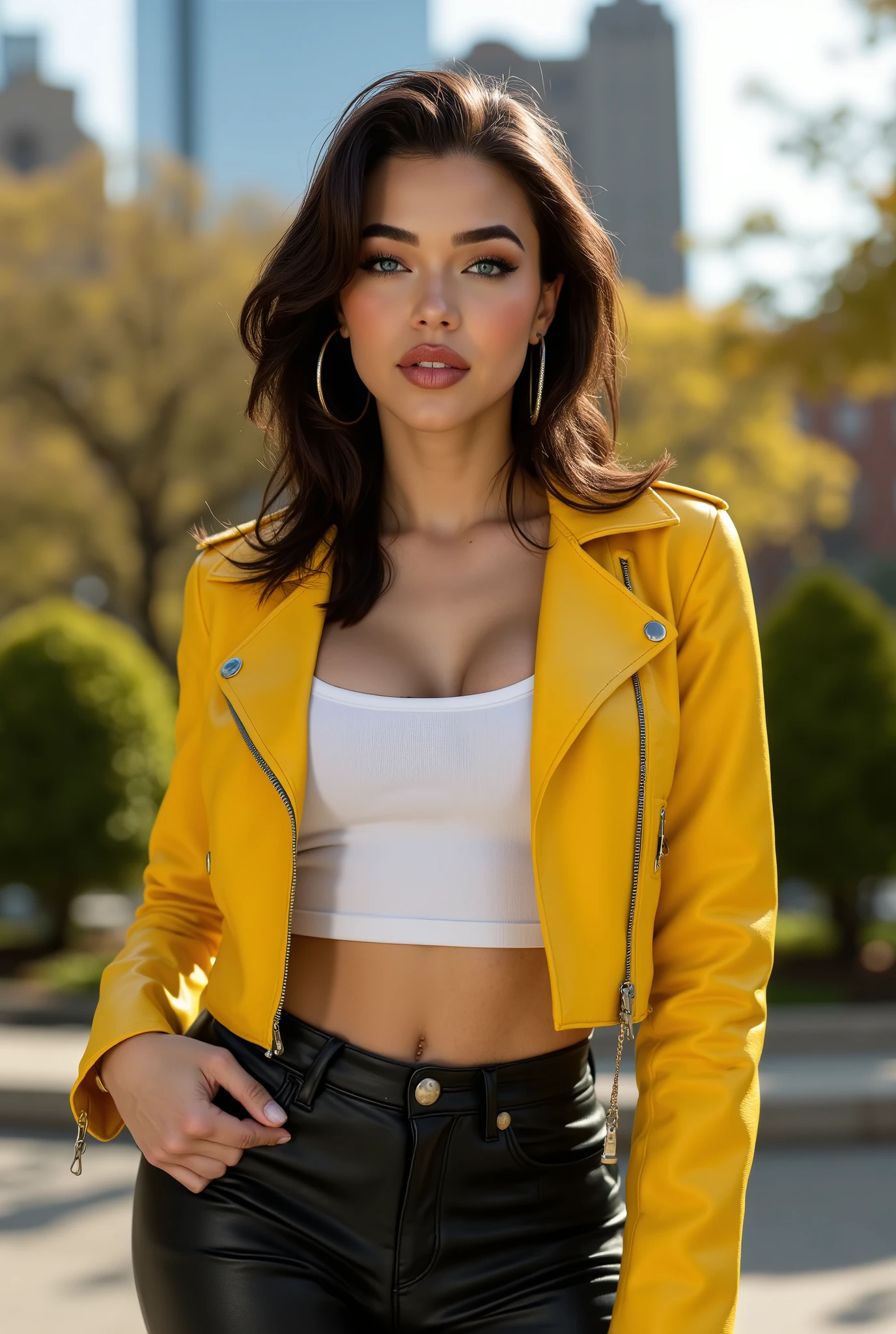 Foto hiperrealista en primer plano de arafed woman (Emma Rose), masterpiece, best quality, (photorealistic:1.4), (leather yellow cropped biker JACKET over white tank top:1.1), (leather jeans:1.2) heels, in the New York Central Park, sunny day, cinematic light, beautiful woman, skinny, dark blue eyes, detailed face, facing the camera, photo taken from a distance,